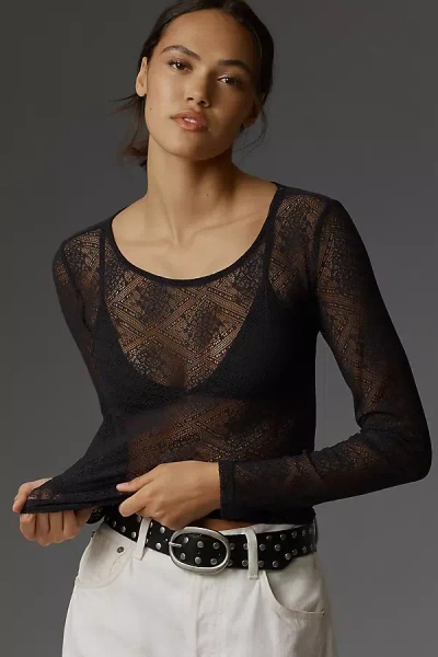 By Anthropologie Long-sleeve Sheer Lace Top In Black