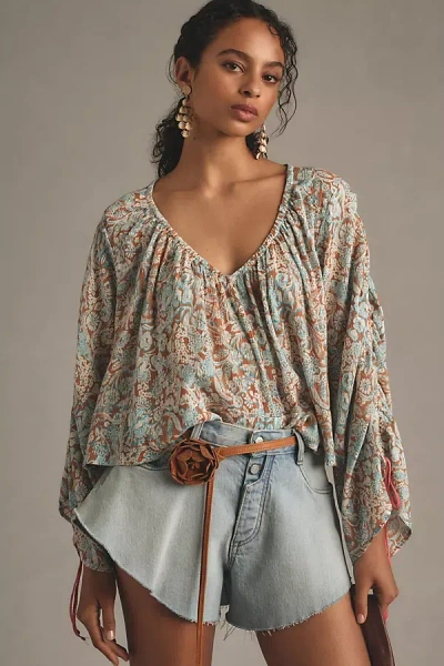By Anthropologie Long-sleeve Shirred Blouse In Blue
