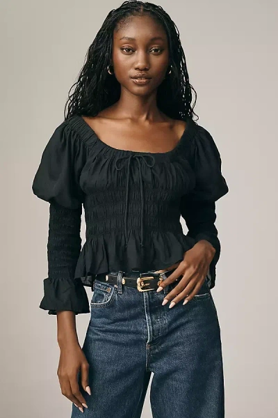 By Anthropologie Long-sleeve Smocked Babydoll Top In Black