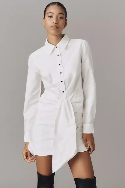 By Anthropologie Long-sleeve Tie-front Mini Shirt Dress In White