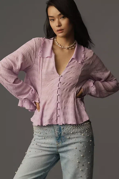 By Anthropologie Long-sleeve Tie-front Textured Blouse In Purple