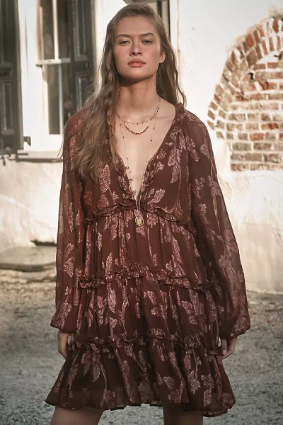 By Anthropologie Long-sleeve Tiered Mini Dress In Brown