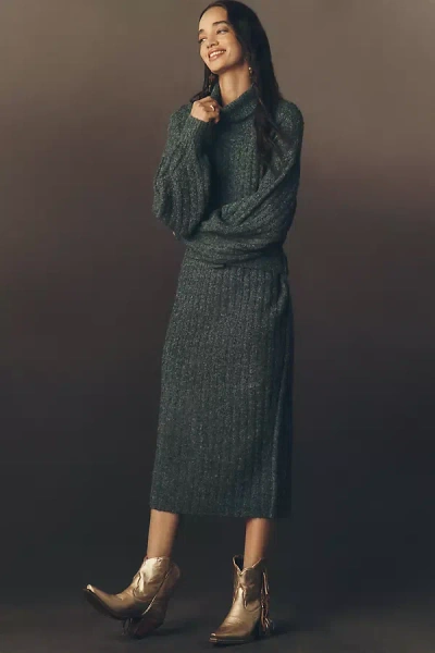 By Anthropologie Long-sleeve Turtleneck Belted Sweater Midi Dress In Green