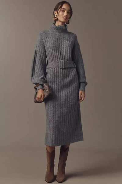 By Anthropologie Long-sleeve Turtleneck Belted Sweater Midi Dress In Grey