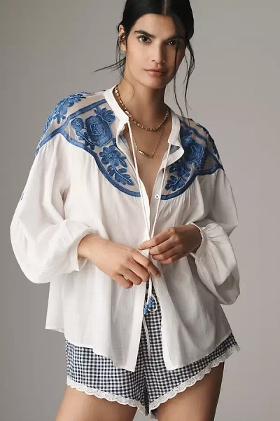 By Anthropologie Long-sleeve Two-tone Lace Blouse In White