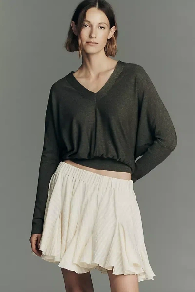 By Anthropologie Long-sleeve V-neck Banded Ribbed Sweater In Green