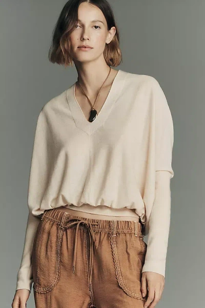 By Anthropologie Long-sleeve V-neck Banded Ribbed Sweater In Neutral