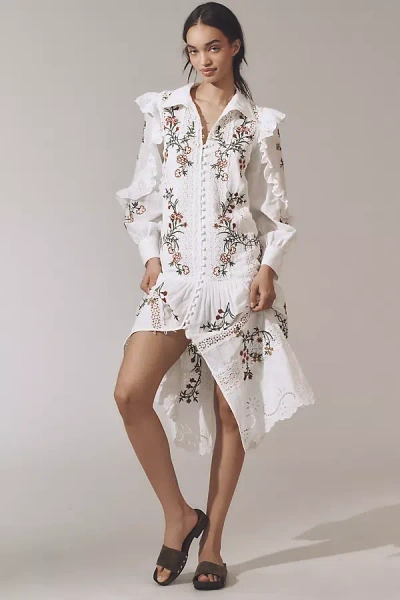 By Anthropologie Long-sleeve V-neck Eyelet Midi Dress In White