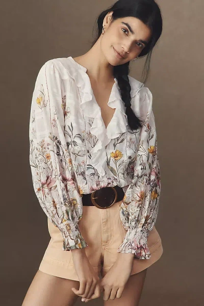 By Anthropologie Long-sleeve V-neck Ruffle-front Blouse In Beige