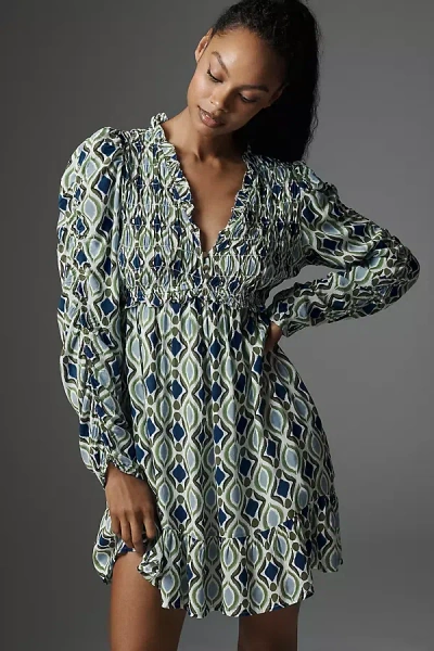 By Anthropologie Long-sleeve V-neck Ruffle Mini Dress In Blue