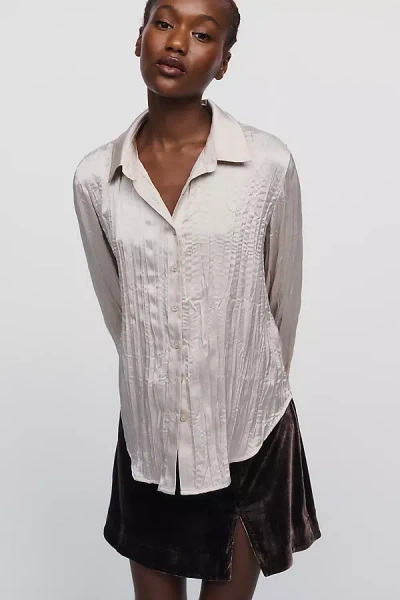 By Anthropologie Long-sleeve Ruffled Silken Blouse In Gray