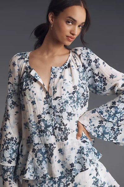 By Anthropologie Maeve Long-sleeve V-neck Mini Swing Dress In Blue