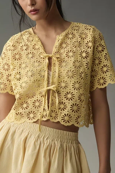 By Anthropologie Maeve Short-sleeve Eyelet Tie-front Top In Yellow