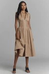 By Anthropologie, Maeve The Tommie Cap-sleeve Smocked Front-zip Shirt Dress In Beige
