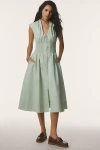 By Anthropologie, Maeve The Tommie Cap-sleeve Smocked Front-zip Shirt Dress In Green