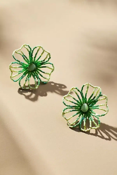 By Anthropologie Medium Beaded Floral Post Earrings In Green