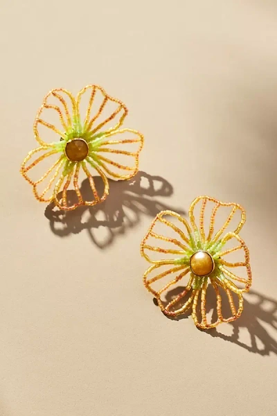 By Anthropologie Medium Beaded Floral Post Earrings In Gold