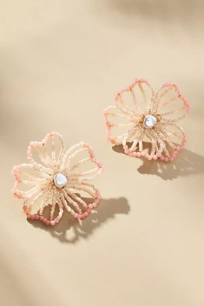 By Anthropologie Medium Beaded Floral Post Earrings In Pink