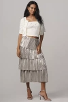 By Anthropologie Metallic Plisse Tiered Midi Skirt In Gray