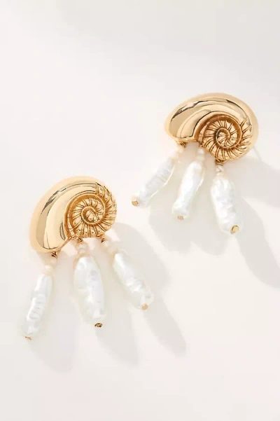 By Anthropologie Metallic Shell Pearl Drop Earrings In Gold
