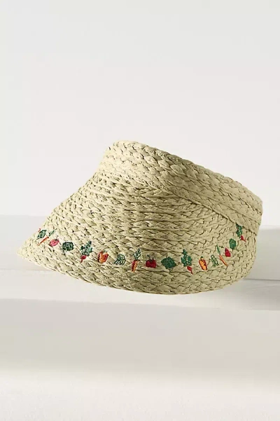 By Anthropologie Mini Icon Embroidered Straw Visor In Green
