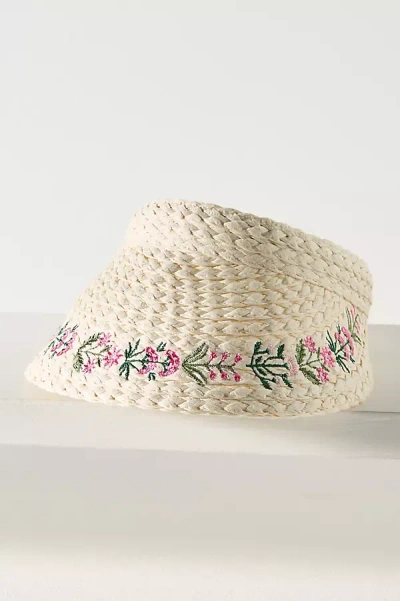 By Anthropologie Mini Icon Embroidered Straw Visor In White
