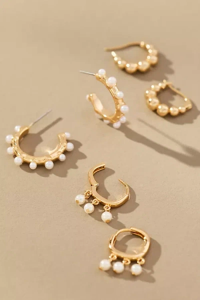 By Anthropologie Mini Pearl Hoop Earrings, Set Of 3 In Gold