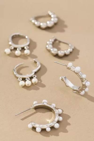 By Anthropologie Mini Pearl Hoop Earrings, Set Of 3 In Silver