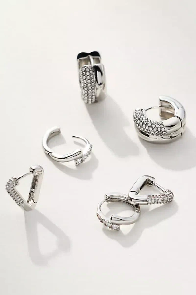 By Anthropologie Mixed Crystal Huggie Hoop Earrings, Set Of 3 In Silver