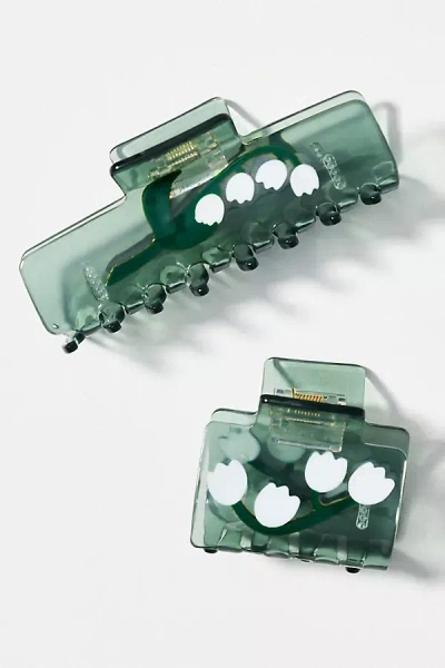 By Anthropologie Mixed Floral Hair Claw Clips, Set Of 2 In Green