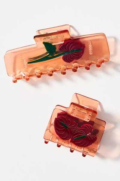 By Anthropologie Mixed Floral Hair Claw Clips, Set Of 2 In Orange