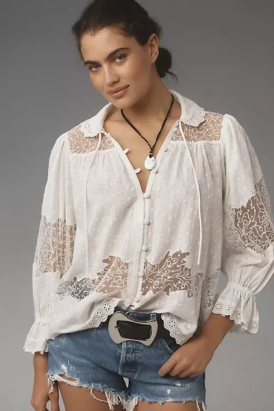 By Anthropologie Mixed Lace Blouse In White