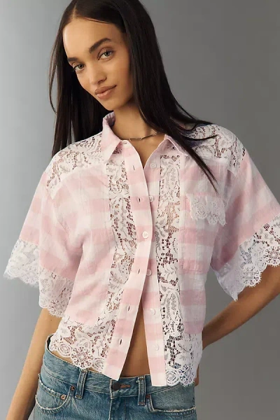 By Anthropologie Mixed Lace Buttondown Shirt In Pink