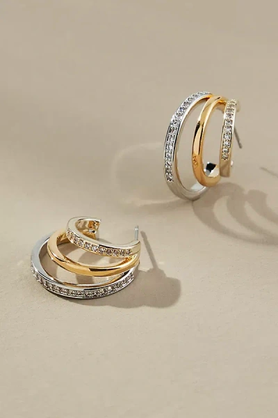 By Anthropologie Mixed Metal Crystal Huggie Hoop Earrings In Gold