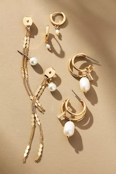 By Anthropologie Mixed Pearl Huggie & Drop Earrings In Gold