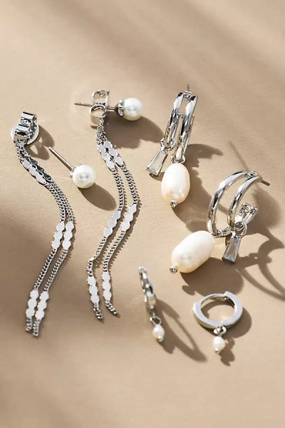 By Anthropologie Mixed Pearl Huggie & Drop Earrings In Silver
