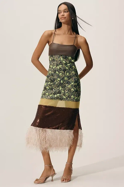 By Anthropologie Mixed Print Faux-feather Midi Dress In Green