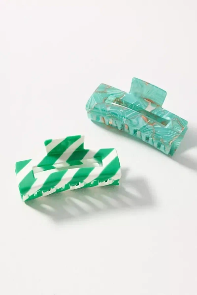 By Anthropologie Mixed Print Hair Claw Clips, Set Of 2 In Green