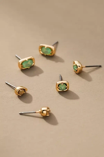 By Anthropologie Mixed Shapes Post Earrings, Set Of 3 In Green
