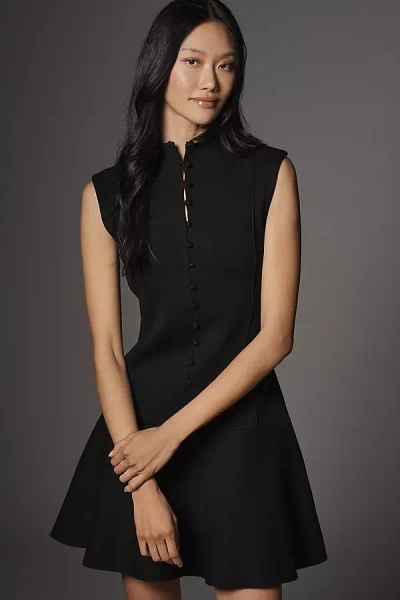 By Anthropologie Mock-neck Button-front Mini Dress In Black
