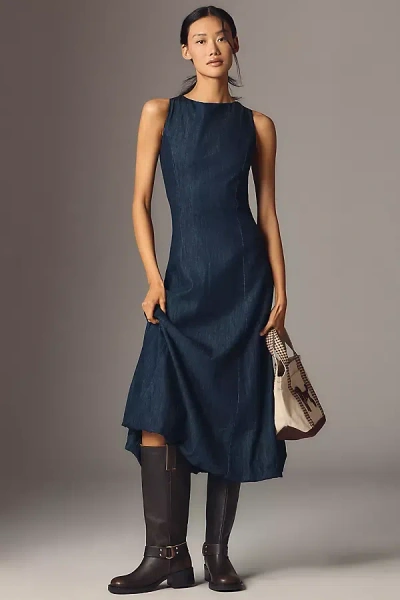 By Anthropologie Mock-neck Denim Bubble Midi Dress In Blue