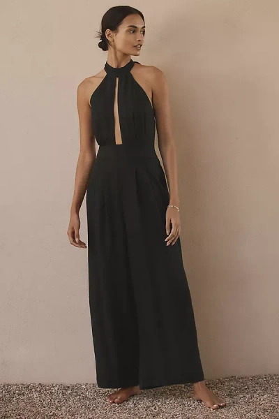 By Anthropologie Mock-neck Plunge Jumpsuit In Black