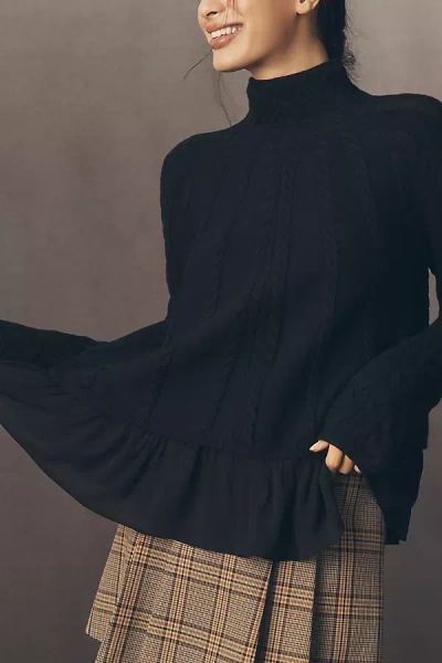 By Anthropologie Mock-neck Sheer Mixed Media Sweater In Black