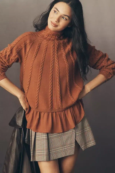 By Anthropologie Mock-neck Sheer Mixed Media Sweater In Brown