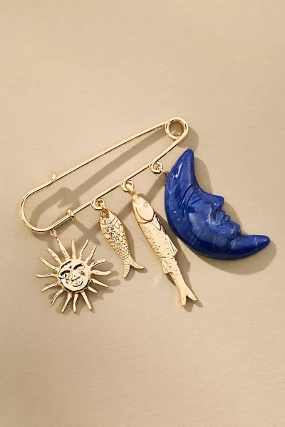 By Anthropologie Moon & Fish Safety Pin Brooch In Gold