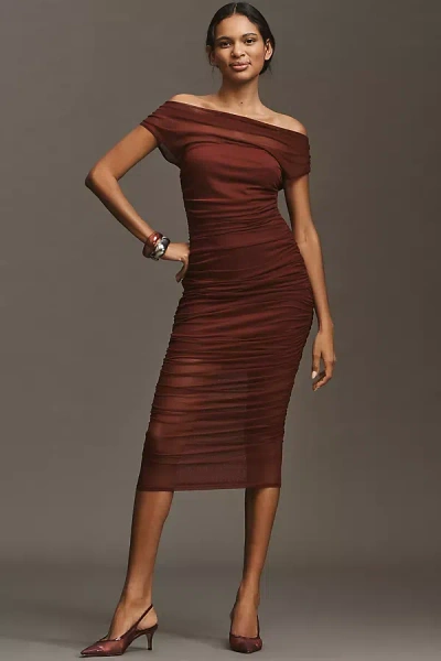 By Anthropologie Off-shoulder Mesh Slim Midi Dress In Brown