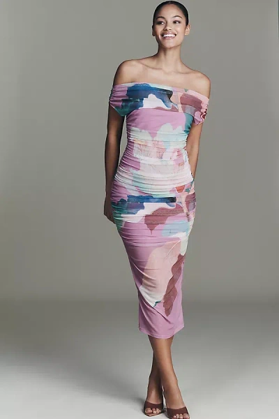 By Anthropologie Off-shoulder Mesh Slim Midi Dress In Purple