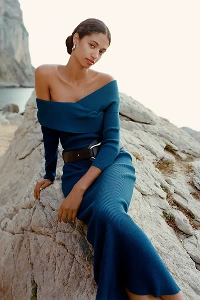 By Anthropologie Off-shoulder Slim Sweater Dress In Blue