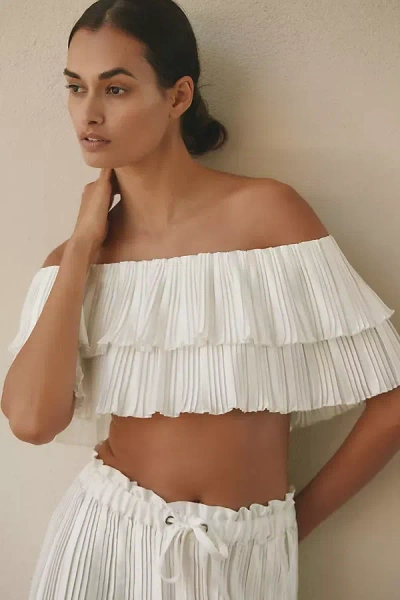 By Anthropologie Off-the-shoulder Plissé Ruffled Crop Top In White