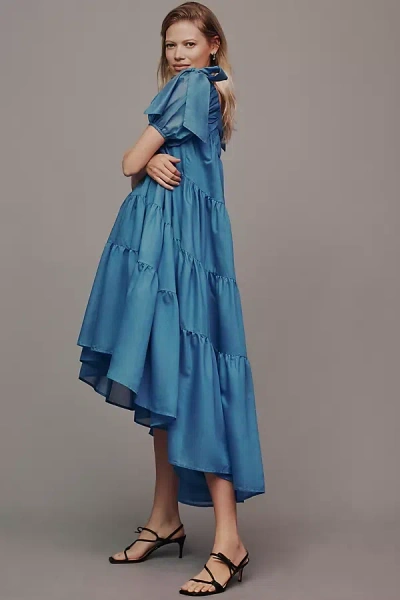 By Anthropologie Off-the-shoulder Tiered High-low Midi Dress In Blue